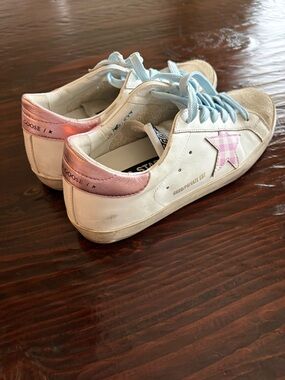 Golden Goose White Sneakers with Pink Gingham Star and Metallic Pink Heel
